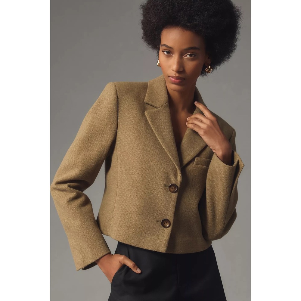 By ANTHROPOLOGIE Cropped Blazer Tailored Jacket Moss Green Solid Textured 10